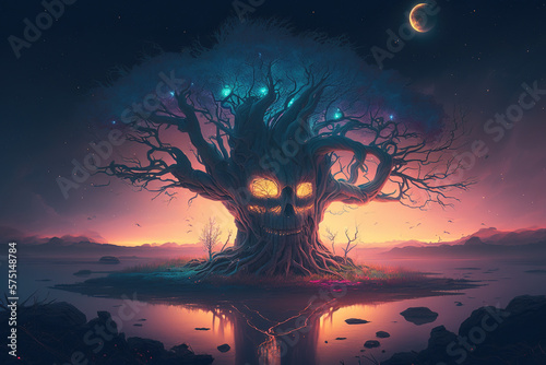 Angry humanoid Yggdrasil tree of life nordic Mythology-. Fantasy artwork. Generative art