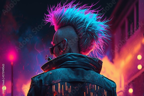 Brutal punk with mohawk at night in neon light. Back view. AI Generative photo