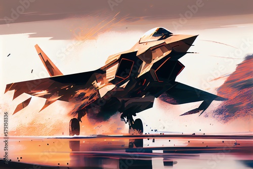 Combat Military Fighter Rapidly Takes Off At High Speed From The Runway, For Tracking And Hitting A Target, Digital Art. Generative AI