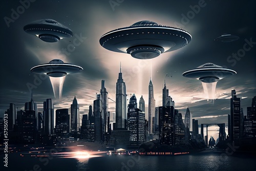 Ufo Armada Over Downtown. Giant Alien Spaceships Over The City. Ufo Invasion Over The City Of The Planet Earth. Digital Art. Generative AI