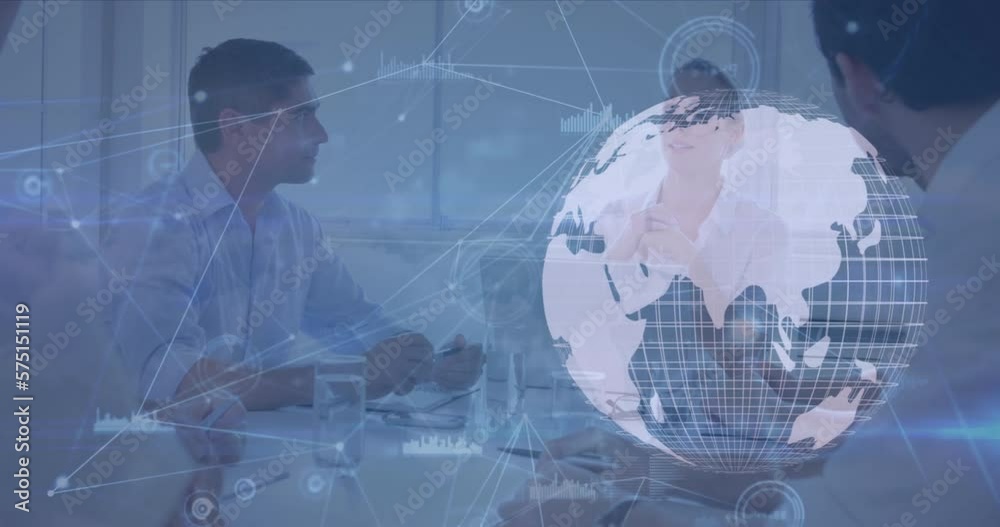 Animation of globe, connected dots, graphs, soundwaves, caucasian coworkers discussing in meeting Animation of globe, connected dots, graphs, soundwaves, caucasian coworkers discussing in meeting