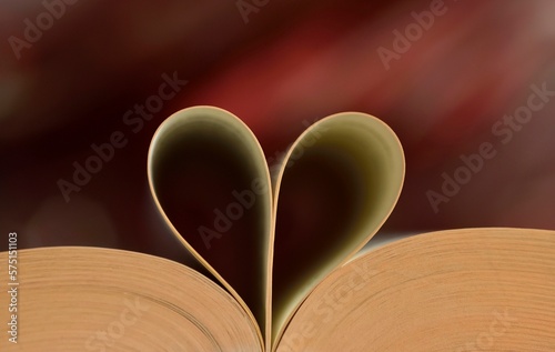 Heart shaped book pages and abstract red background