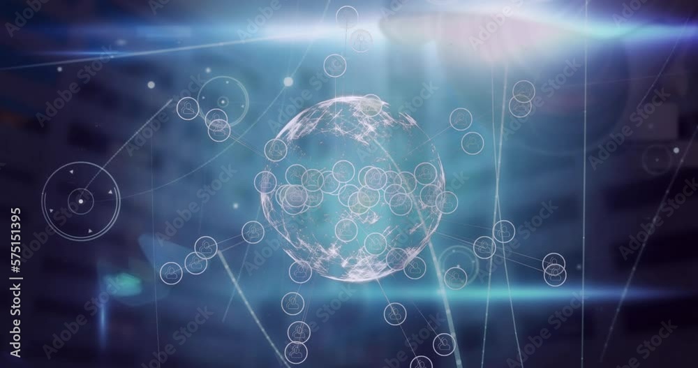 Animation of icons around globe and connected dots over buildings in background Animation of icons around globe and connected dots over buildings in background