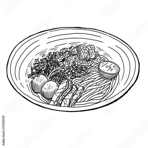 Hand drawn Thai spicy tom yum noodles