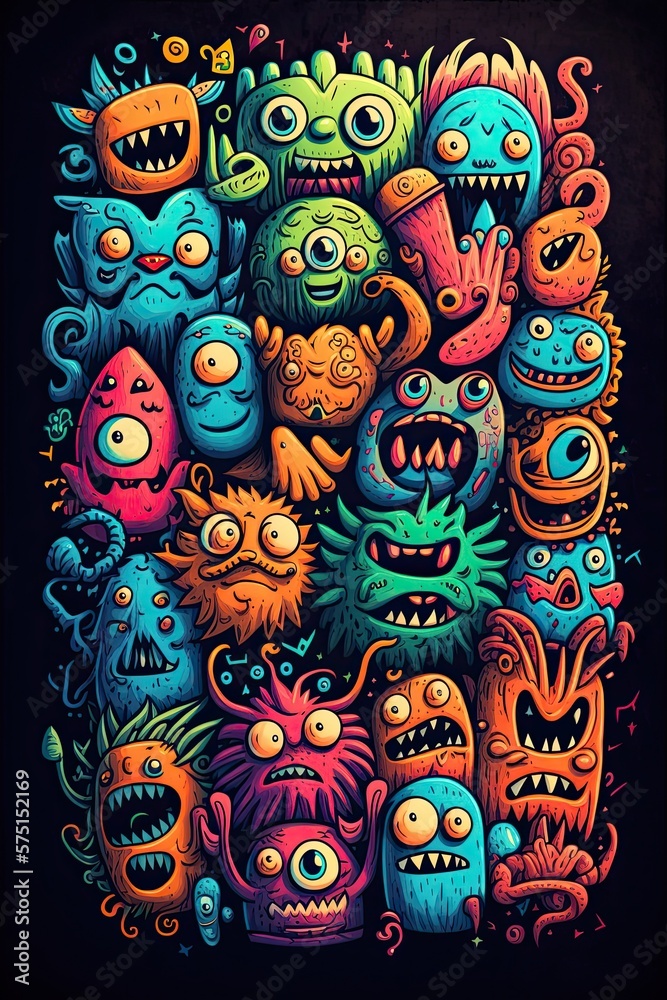 Many monsters, doodle art style, colorful, funny, neon watercolors Generative AI