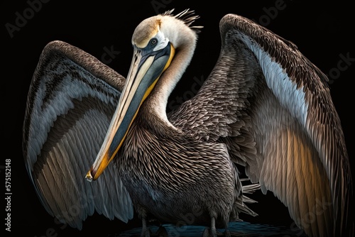 Fotografering Brown Pelican, a migratory bird, up close with its beak touching its wing