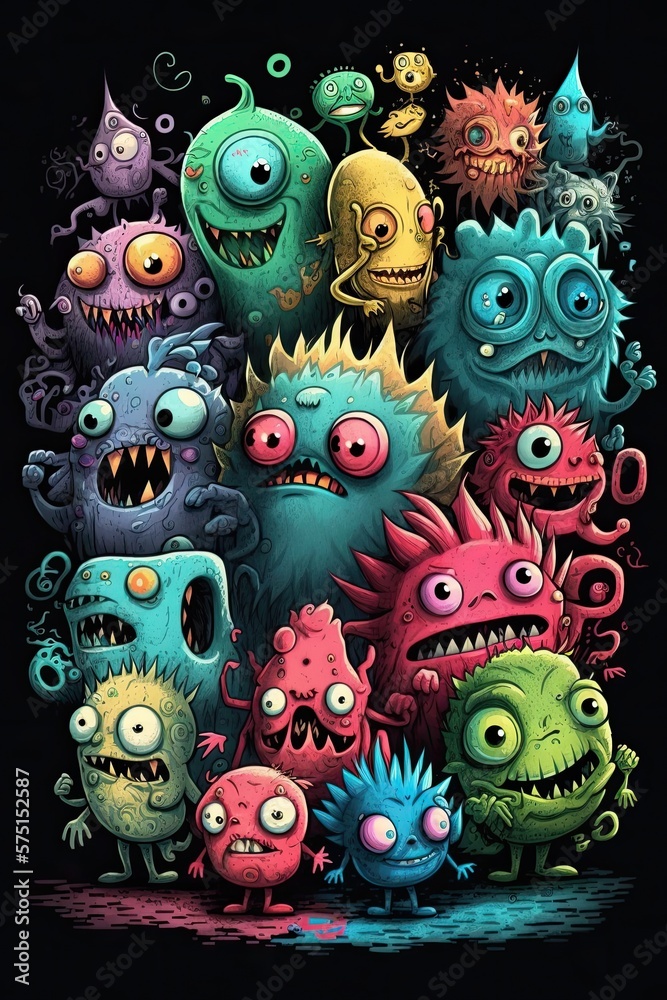Many monsters, doodle art style, colorful, funny, neon watercolors Generative AI