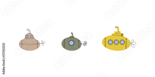 Submarine. Underwater transport. Sea life design. Vector illustration in scandinavian style.