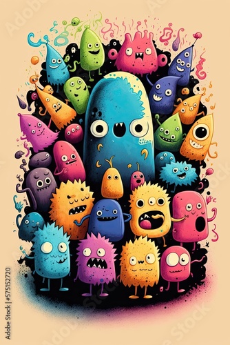 Many monsters, doodle art style, colorful, funny, neon watercolors Generative AI © ChaoticMind