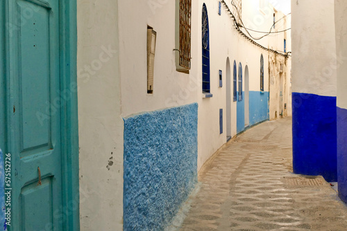 Assillah, la perla bianca dell'Atlantico. Marocco. Case bianche con finiture indaco e verde e pitture murali fanno di questa piccola città un esempio di bellezza architettonica © anghifoto