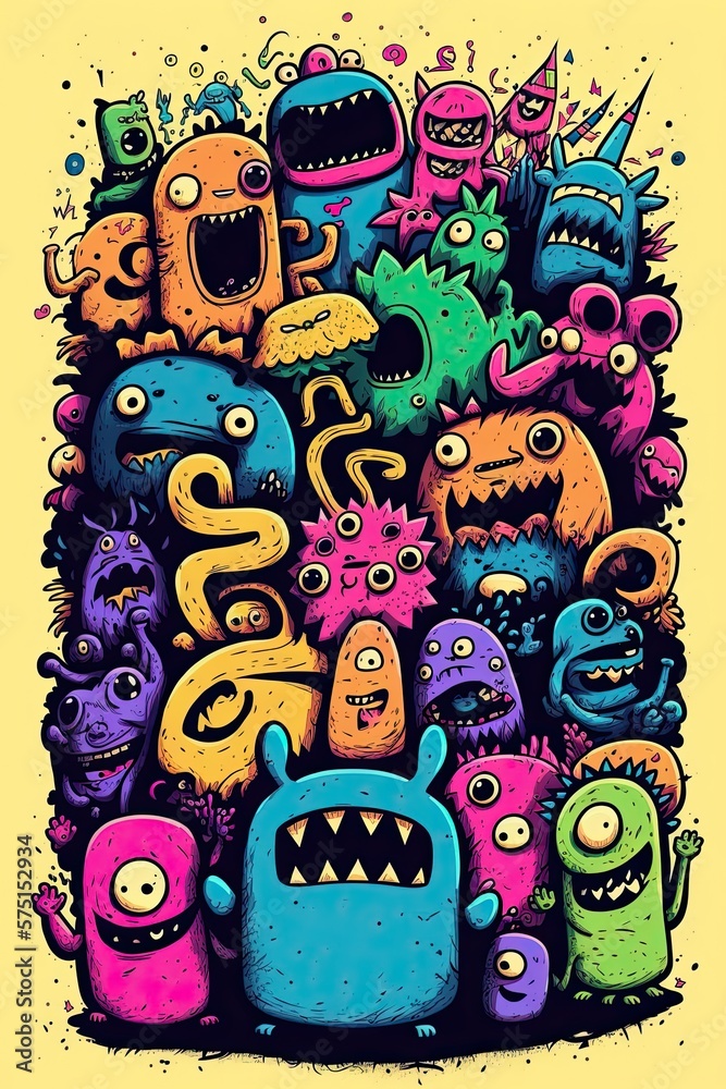 Many monsters, doodle art style, colorful, funny, neon watercolors Generative AI