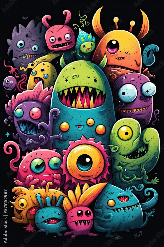 Many monsters, doodle art style, colorful, funny, neon watercolors Generative AI Many monsters, doodle art style, colorful, funny, neon watercolors Generative AI