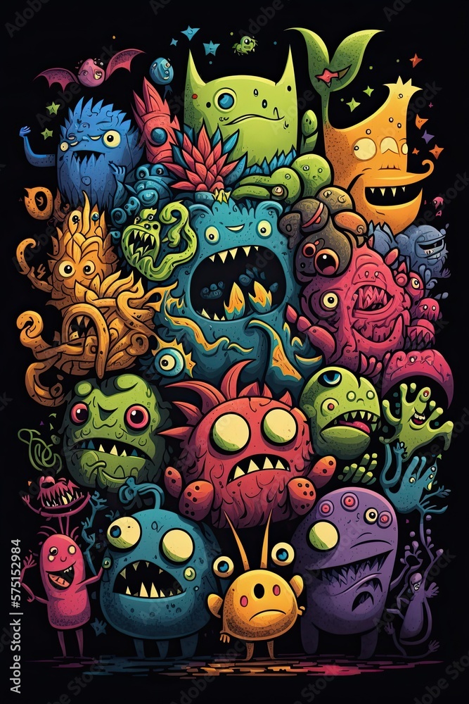 Many monsters, doodle art style, colorful, funny, neon watercolors Generative AI