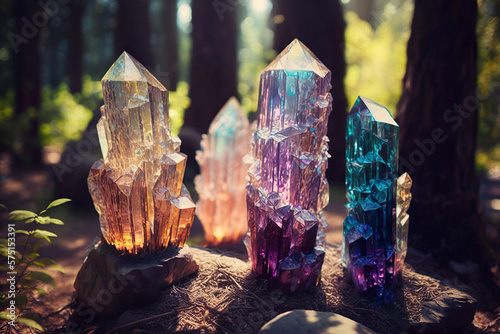 Gemstones on mysterious forest background. Life balance or esoteric and wiccan concept. Generative Ai.