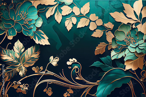 ArtDeco Green and Gold Flowers ornament background wallpaper