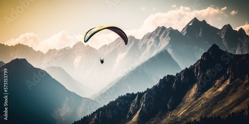 Paraglider soaring over mountain range, concept of Aerial Adventure and Panoramic View, created with Generative AI technology