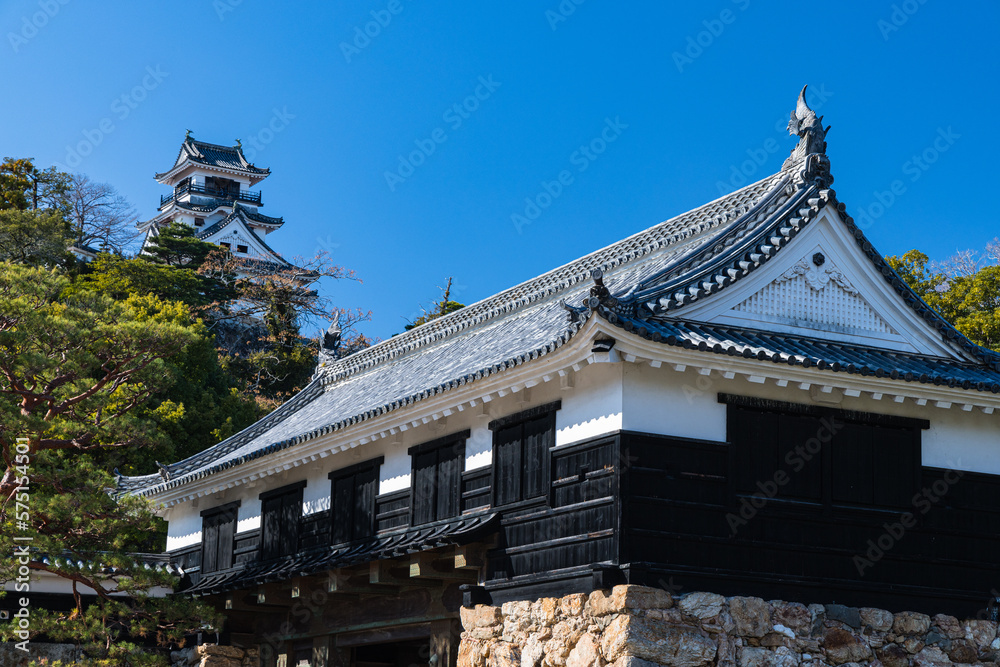 日本　高知県高知市の公園内に建つ高知城の天守閣と追手門