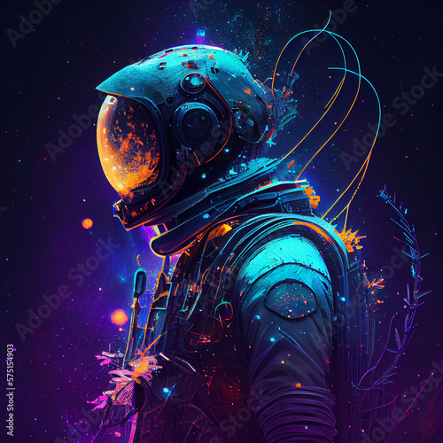 cybernetic cyberpunk astronaut, adorned with detailed bioluminescent designs, floating in the vast expanse of outer space, surrounded by many glowing and twinkling stars.