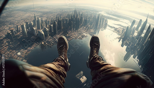 A man skydiving in New York City.
