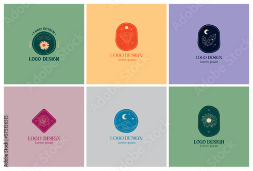 Boho Logo Collection Magic and Flowers. Hand drawn Vector Logo Set with Chamomile, Rose, Moon, Crystals, Zinnia Elegans, Stars and waves.