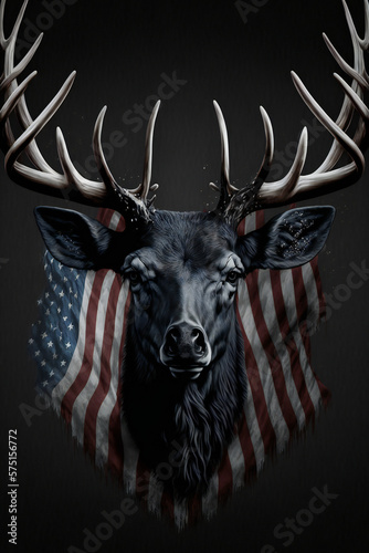 Black deer head with horns, on American flag, dark background, Generative AI