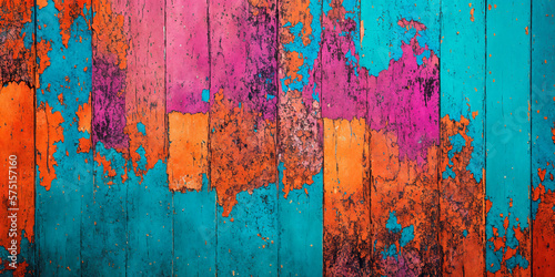 Old weathered grungy aged vintage wood background with colorful peeling paint. Generative AI