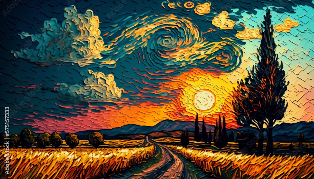 Illustrazione Stock Vincent Van Gogh style oilpainting of a synset on a  field, Background picture of sunset on a field in the style of Vincent Van  Gogh, Butiful oilpainting | Adobe Stock