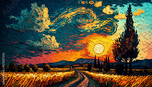 Vincent Van Gogh style oilpainting of a synset on a field, Background picture of sunset on a field in the style of Vincent Van Gogh, Butiful oilpainting photo