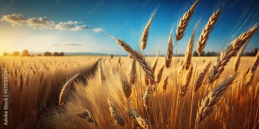 beautiful illustration of a field of ripe wheat against the blue sky, generative ai - obrazy, fototapety, plakaty 