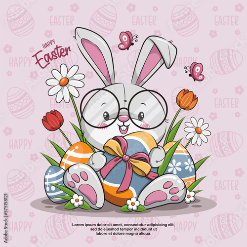 Happy Easter With Cute Rabbit Is Holding An Eggs, Cute Cartoon Illustration