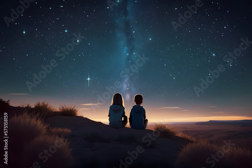 Young Boy and Girl Sitting Together on a Grassy Hill Enjoying a Peaceful Sunset with the Nighttime Stars Starting to Appear (Generative AI)