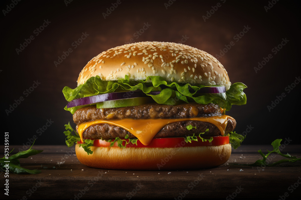 Delicious hamburger on table. Generative AI