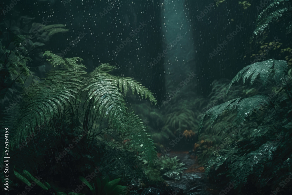 Heavy rain in the forest. Generative AI