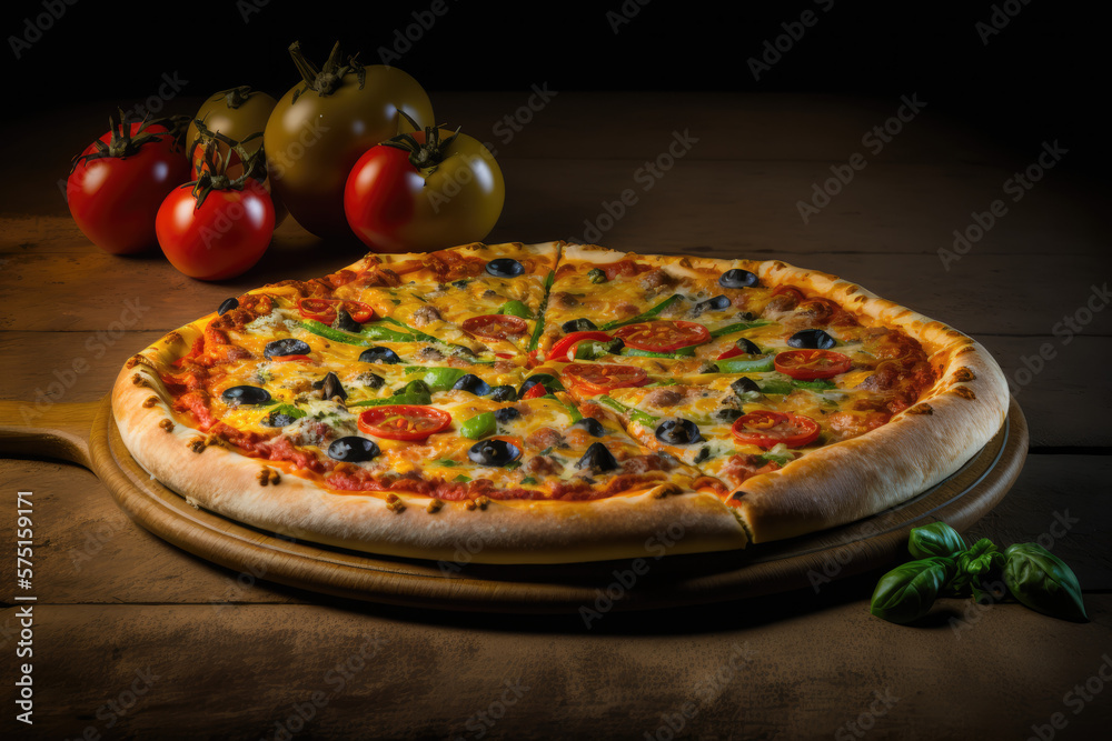Pizza on a wooden board. Generative AI