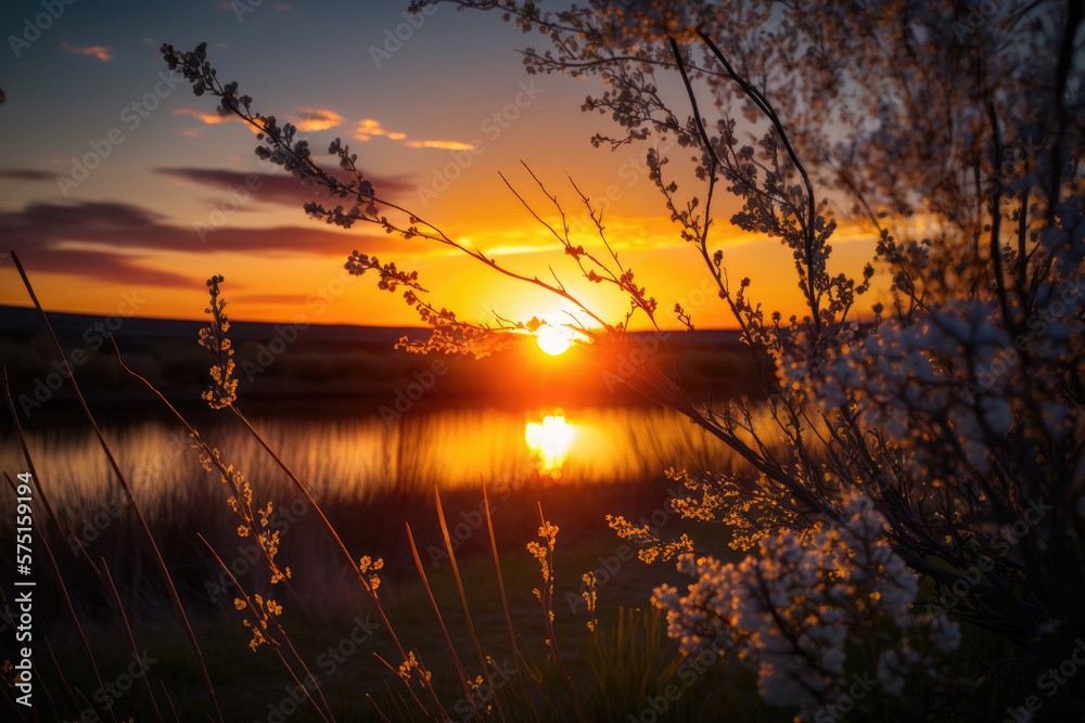 Beautiful spring sunset in the field. Generative AI