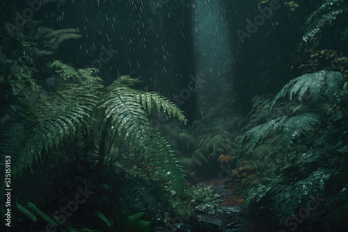 Obraz na płótnie Heavy rain in the forest. Generative AI w salonie