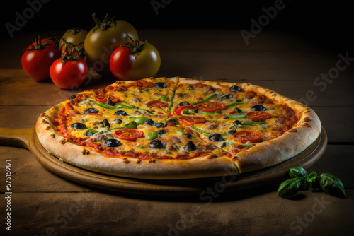 Obraz na płótnie Pizza on a wooden board. Generative AI w salonie
