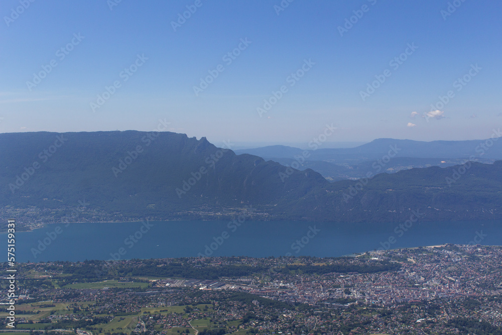beautiful water panoramic view of mountain lake du Bourget with mont Dent du Chat