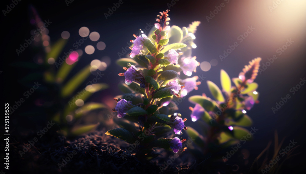 Obraz premium Beautiful Angelonia Flower Glowing in the dark with sparkles in the air, magical atmosphere in a grass patch at the edge of a forest at night. Generative AI