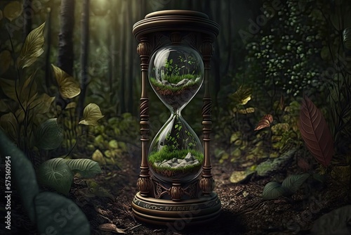 Hourglass in natural green forest. Generative AI.