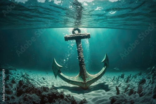 Anchor under water in a turquoise ocean. Generative AI.