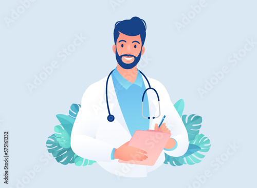 Cartoon character of doctor taking sick notes on clipboard vector illustration. Healthcare and medicine concept clip art.