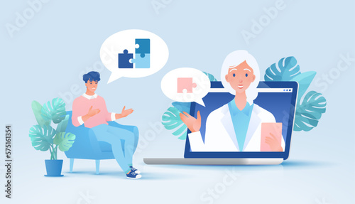 Flat Cartoon of male patient seeking help from psychiatrist for mental disorders via laptop using internet online technology. Healthcare and medicine concept vector illustration.