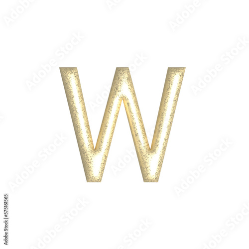 W alphabet letters gold foil isolated. Gold yellow metallic letter. Alphabetical font. Foil symbol. Bright metallic 3D