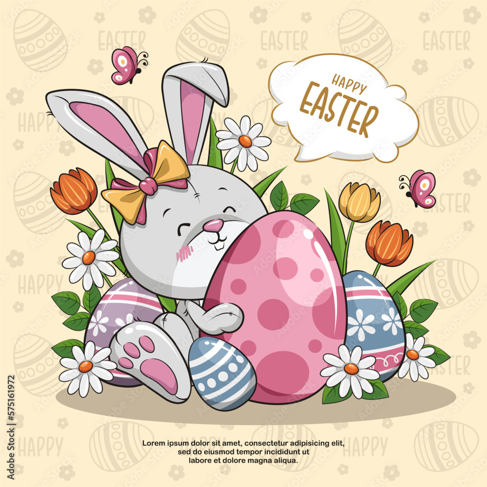 Happy Easter With Bunny Rabbit Holding Eggs On Yellow Background. Cute Cartoon Illustration Happy Easter With Bunny Rabbit Holding Eggs On Yellow Background. Cute Cartoon Illustration