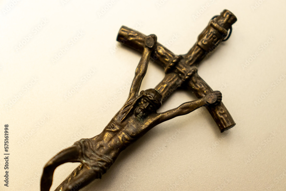 Silver Jesus cross. crucifix with metal Jesus Christ figure for prayer concept