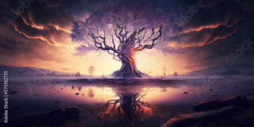Yggdrasil in the middle of a beautiful lake. Tree from norse mythology known for being the tree of life. Generative ai