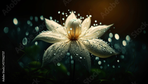 Beautiful White Clematis Flower Glowing in the dark with sparkles in the air, magical atmosphere in a grass patch at the edge of a forest at night, abstract concept . Generative AI