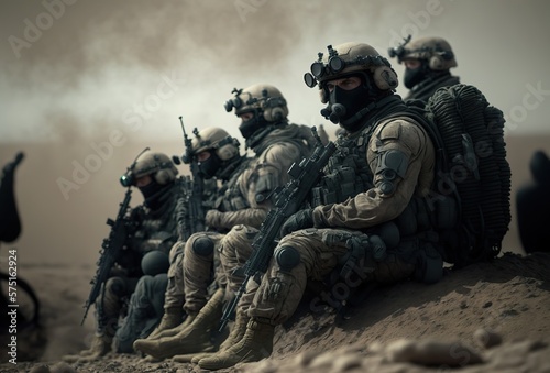 KI generierte Soldaten machen Pause und erholen sich - Waffenstillstand. Keine echten Menschen und Waffen - Militär Gaming Vorlage  © Marco