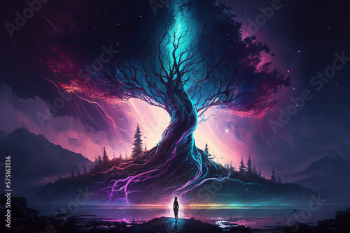 Yggdrasil tree of life engulfed in mystical electric lightning in the middle of beautiful lake. Errie and surreal setting. Nordic spiritual mythology. Generative art